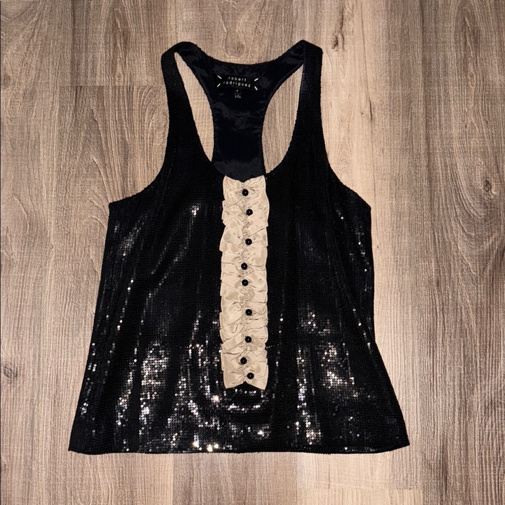 🖤 ROBERT RODRIGUEZ BLACK SEQUIN TOP CREAM ACCENTS SIZE 4 🖤